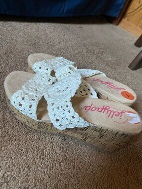 Jellypop White Crochet Cork Wedge Sandals